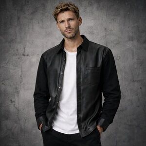 NWT: John Varvatos The Delancey Shirt Jacket in Black- 100% Sheepskin Size 52